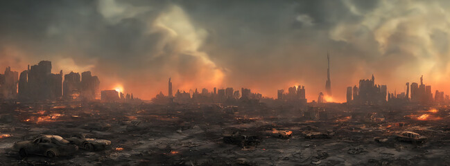 Post apocalypse. Nuclear apocalypse survivor. Ruined Cityscape. Concept. Banner size. Header - obrazy, fototapety, plakaty