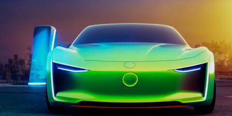 Fototapeta na wymiar Futuristicc concept sport car in a metaverse city. Neon glowing. 3d