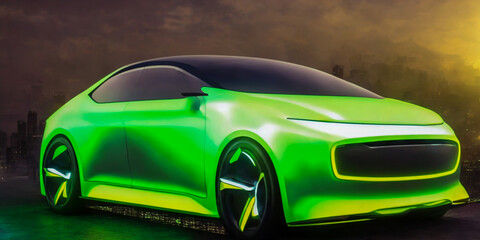 Futuristicc concept sport car in a metaverse city. Neon glowing. 3d