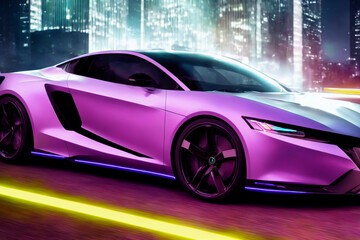 Futuristicc concept sport car in a metaverse city. Neon glowing. 3d