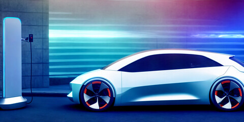 Futuristicc concept sport car in a metaverse city. Neon glowing. 3d