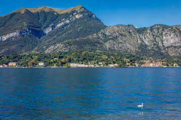 Tremezzo Village and mountain on Lake Como from Bellagio at sunset, Italy