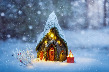 Abstract toy castle. Fairy hut. Christmas winter background. 3d image