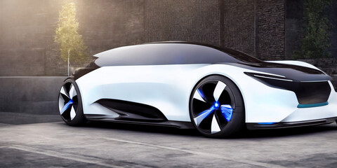 Futuristicc concept sport car in a metaverse city. Neon glowing. 3d