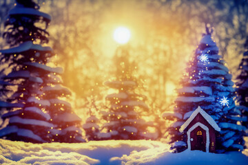 Abstract toy castle. Fairy hut. Christmas winter background. 3d image