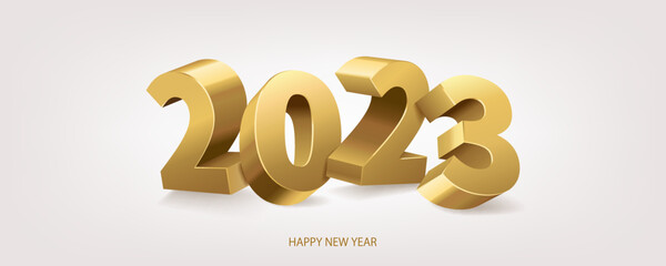 Happy new year 2023. Golden shiny 3D numbers on white background. Vector illustration.
