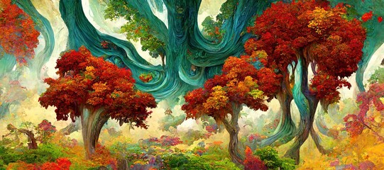 Obraz na płótnie Canvas Abstract magical fantasy woods - vibrant autumn fall colors, misty fog and sacred old towering fantasy trees in strange and unusual curvy shapes.