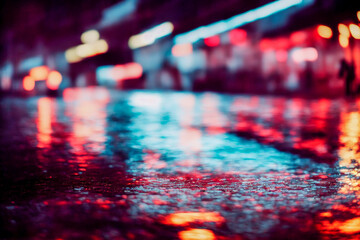 Night city lights, rain, bokeh, flares, reflections. 3d