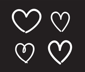 White heart on isolated black background. Outlined hand drawn hearts for banner, flyer or poster. Elements on a chalkboard. Black and white illustration