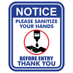 Notice, please sanitize your hands, sign vector