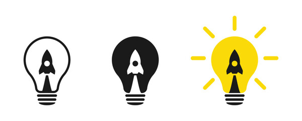 Lamp and rocket. Light bulb and airplane symbol or icon. Takeoff concept. Web design. 