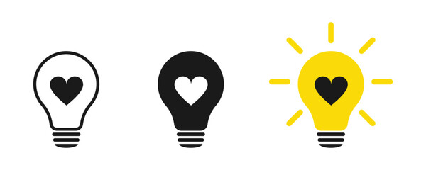 Light bulb, love, heart. Icon set. Illustration.