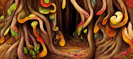 Abstract magical fantasy woods - vibrant autumn fall colors, misty fog and sacred old towering fantasy trees in strange and unusual curvy shapes.