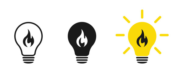 Flame energy in a light bulb. Set of icons. Illustration 
