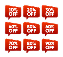 Sale Discount collection product emblem with percentage sell off. Set of red tag offering save money. Vector illustration.