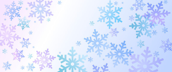 Christmas vector art background with blue and pink snowflakes for cards. Gradient template for flyer, poster, banner. Merry Christmas! Happy New Year! Winter backdrop.