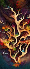 Fototapeta premium Abstract magical fantasy woods - vibrant autumn fall colors, misty fog and sacred old towering fantasy trees in strange and unusual curvy shapes.