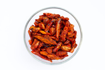 Fried Chili, Spicy snack on white background.