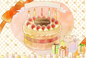 誕生日ケーキ子猫のメッセージカードイラスト(横向きversion)