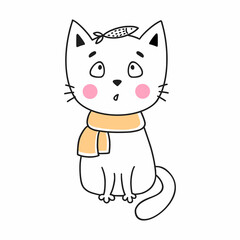 Cute doodle cat and fish. Hand drawn illustration. Character for kid. Sticker.