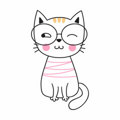Cute doodle cat. Kitten with glasses. Funny baby sticker.