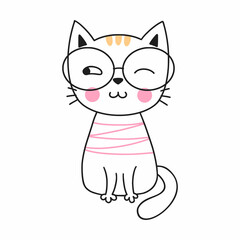Cute doodle cat. Kitten with glasses. Funny baby sticker.