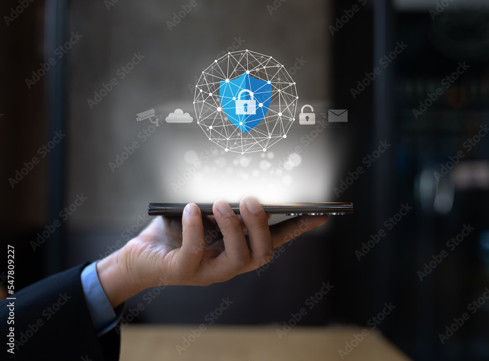Poster mobile security concepts ,business man use mobile for monitor security cctv access cloud email