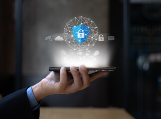 Mobile Security Concepts ,Business man use mobile for monitor security cctv access cloud email