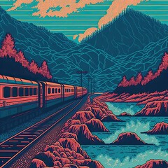 Illustration of a landscape of mountains and river with traveling train, texture in cold colors