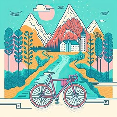 Illustation of a bicycle on the road in the city with a beautiful landscape durin winter with colorful cold tones