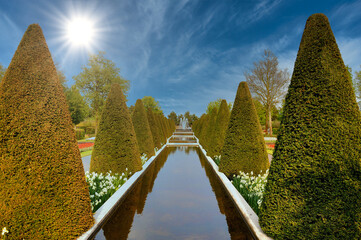 Sunny alley with trees and water in Keukenhof park in Holland