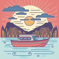 Beautiful illustration of a colorful landscape of mountainsm trees, clouds and big sun  with a boat on the ocean, 