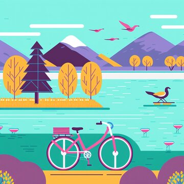 Illustration of a beautiful lake landscape with wild animals and big mountains with a pink bicycle 