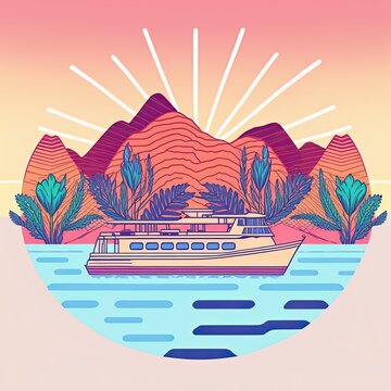 Illustration of a retro sticker-like ship on the sea with a beautiful landscape showing a sunset with the sun behind the mountains