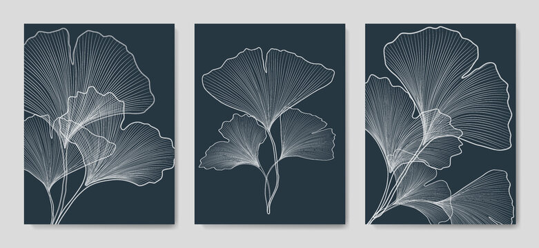 Luxury dark blue art background with ginkgo leaves hand drawn in line art style. Botanical print set for wallpaper design, interior design, decor, textile, poster, packaging, cards.
