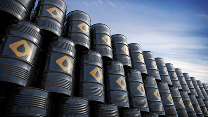 Oil barrels with oil signage stacked on top of each other during daylight. 3D illustration, shot from the angle.