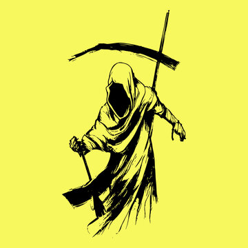 recommend clip art: illustration grim reaper cartoon vector for merchandise sticker and clothing line brands.  Black death monster with scythe for halloween concept.