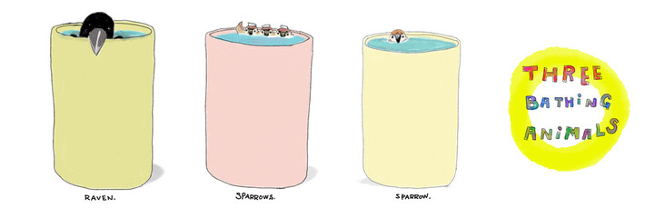 Raven,Crow,Sparrows Animals Taking Bath and relaxing Water color illustration White background
