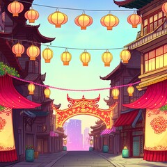 Panorama chinese street with old houses, chinese arch, lanterns and a garland. 2d illustrated illustration of city street in cartoon style.