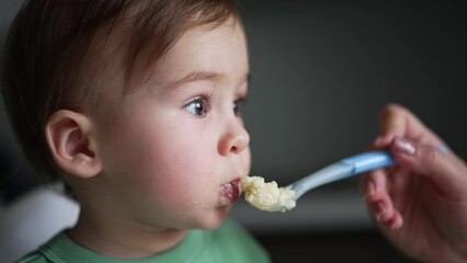 Beautiful baby with adorable cheeks is fed from spoon. Mom gives food to her child and kid takes it obediently. Close up. Blurred backdrop.
