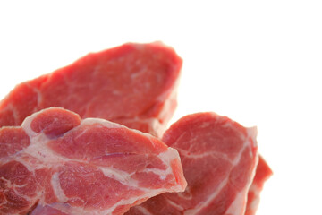Pieces of chopped meat isolated on white background. Pork fresh meat pieces on white background.Meat products.Farm organic bio meat.Protein nutrition.
