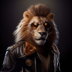 Portrait of lion wearing sunglasses, cool looking lion in shades. Generative AI Illustration - obrazy, fototapety, plakaty