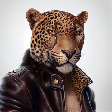portrait of a leopard in leather jacker