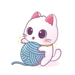 cute cat with big blue yarn ball
