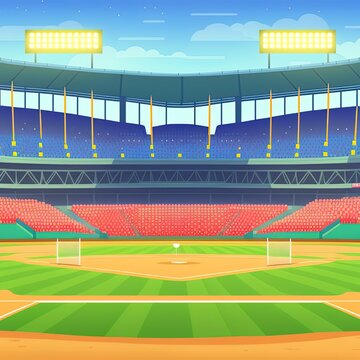 Baseball stadium view, banner in flat cartoon design. Sports center field for game, base, spotlights, stands with seats for spectators. Competitions concept. 2d illustrated illustration of web