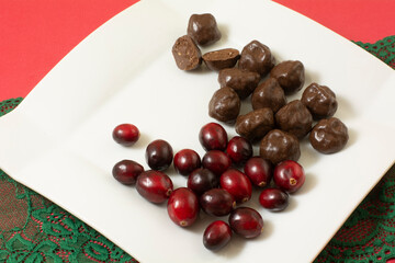 Cranberry crispy dark chocolate truffle candy on white snack plate with fresh cranberries