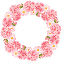 Watercolor pink rose and peony flower wreath bouquet arrangement