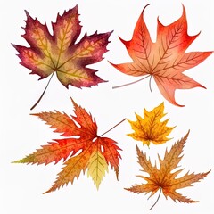 Fototapeta premium Beautiful autumn set with watercolor hand drawn colorful maple leaves Stock illustration , anime style