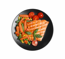 Tasty grilled salmon with mixed vegetables on white background, top view