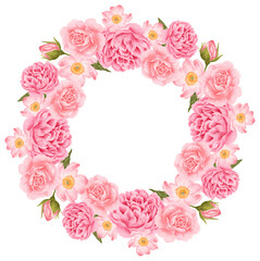 Watercolor pink rose and peony flower wreath bouquet arrangement